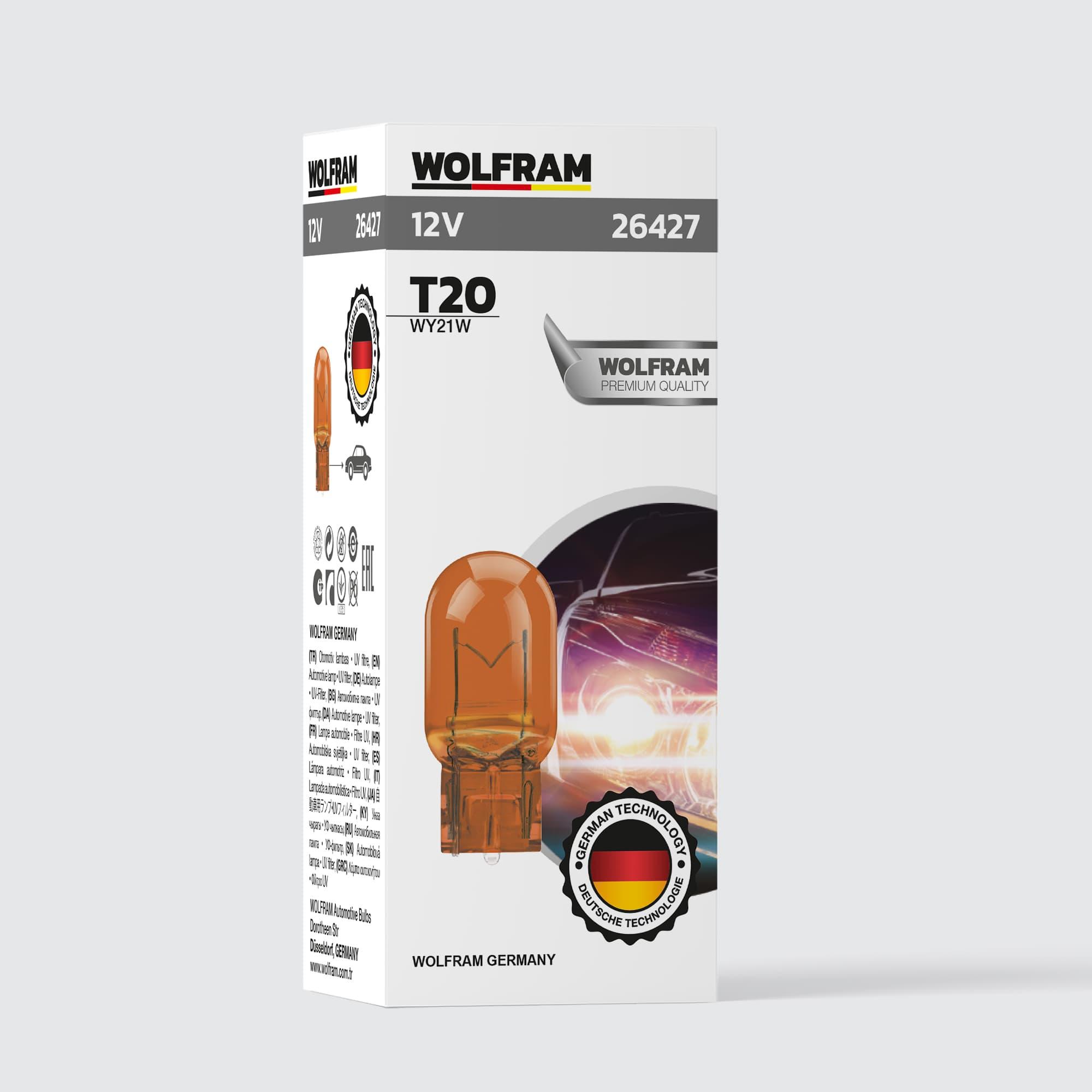 Wolfram T20 Ampul T20 Jumbo Dipsiz Tekli Sarı Ampul 12V 21W