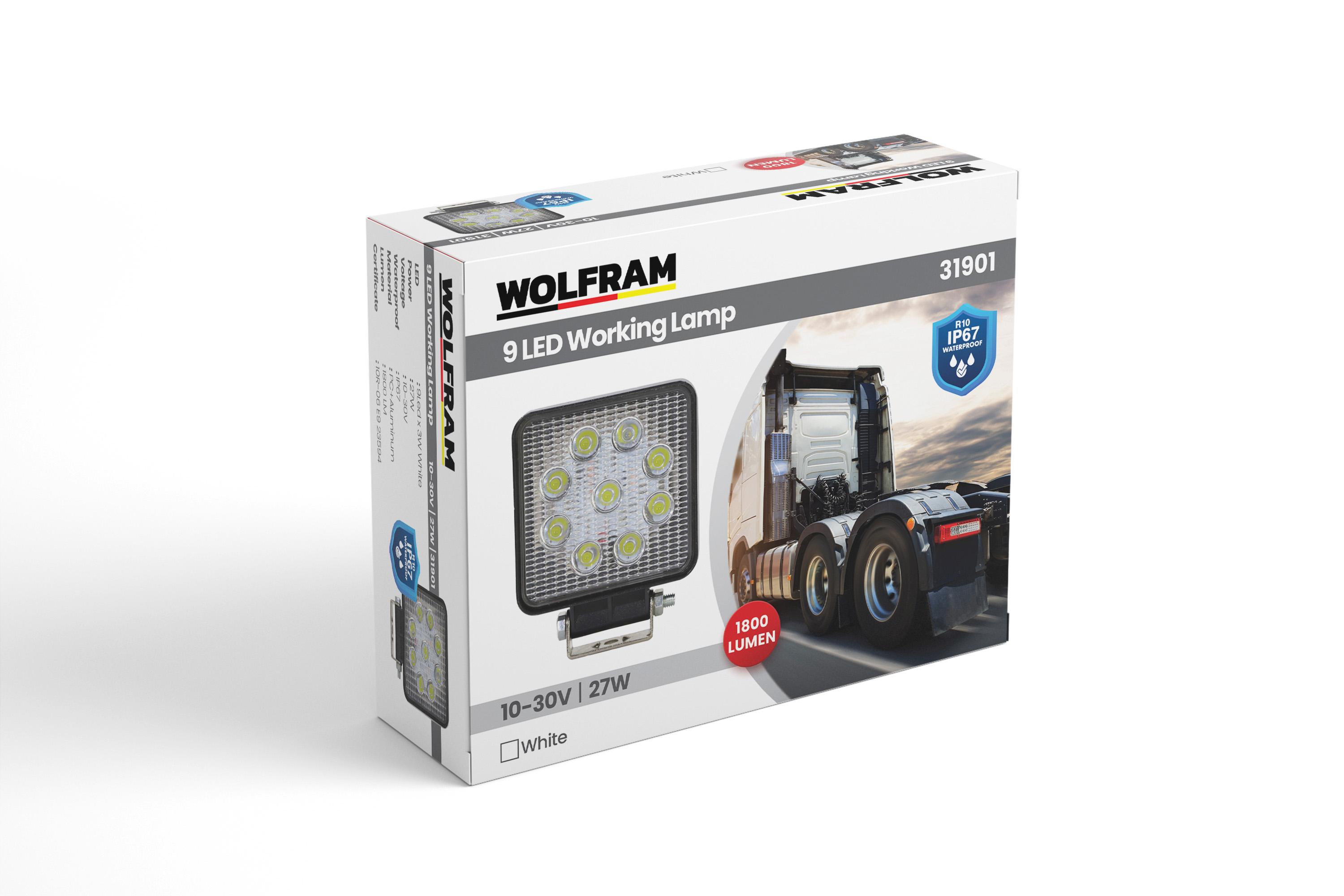 Wolfram Led Kare Çalışma Lambası 9 Led Beyaz Işık 10/30V E-Belgeli 27W