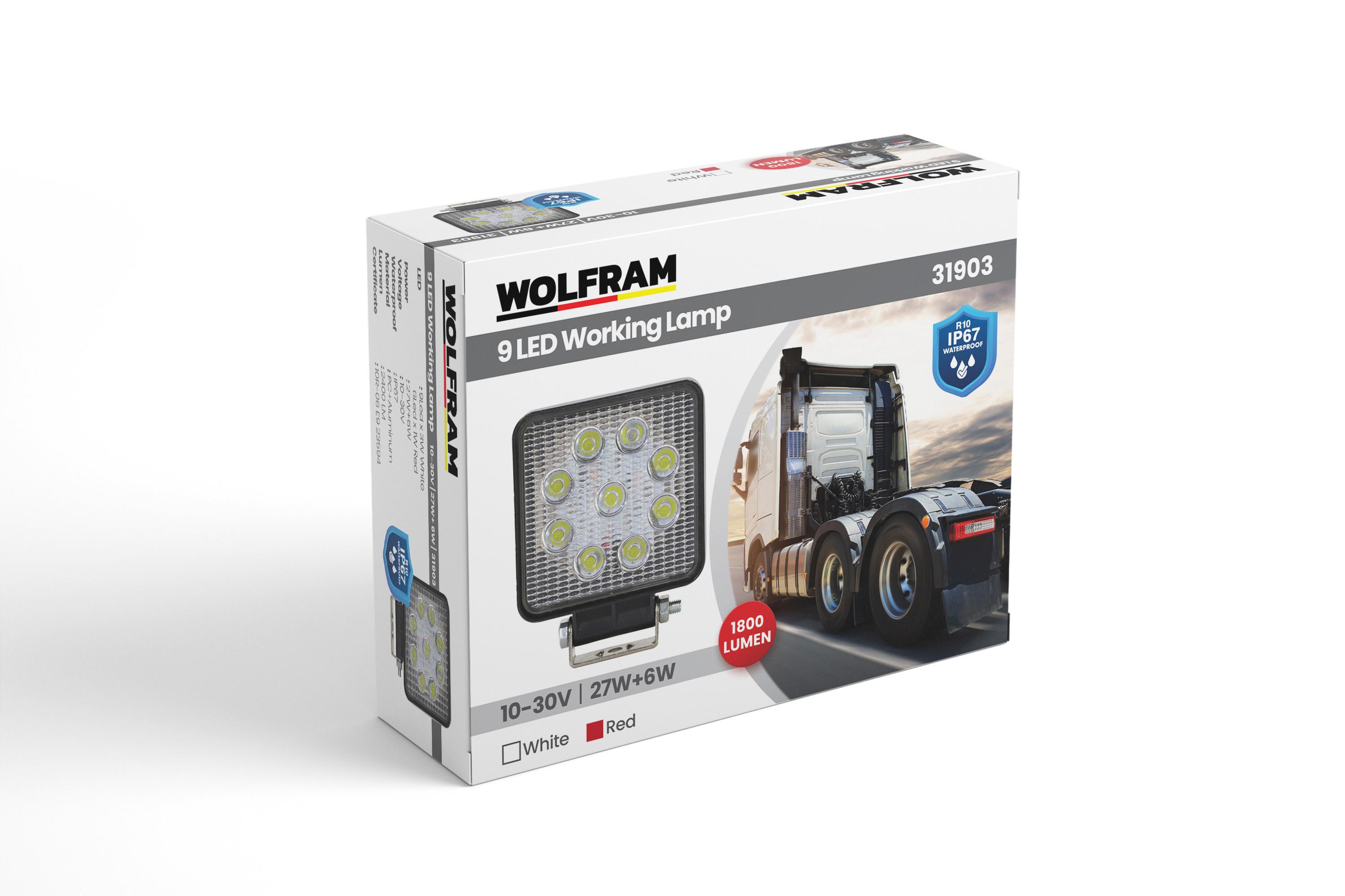 Wolfram Led Kare Çalışma Lambası 9 Led Beyaz Işık + Kırmızı Stop Fonksiyonlu 10/30V E-Belgeli 27+6W