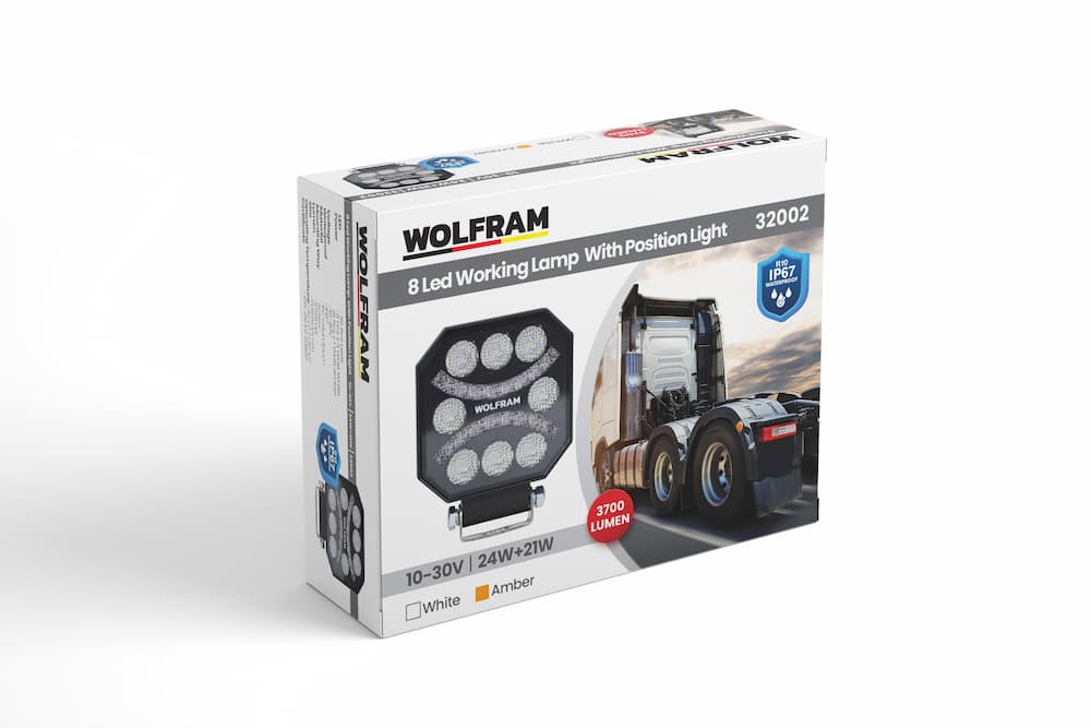 Wolfram Led Çalışma Lambası Emojili 8 Led Beyaz + Sarı Sinyal Fonksiyonlu 10/30V E-Belgeli 24W+21W