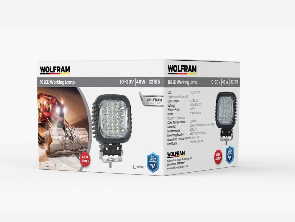 Wolfram Led Kare Çalışma Lambası Ağır Hizmet 4.160 Lümen Spot 10/30V E-Belgeli 48W