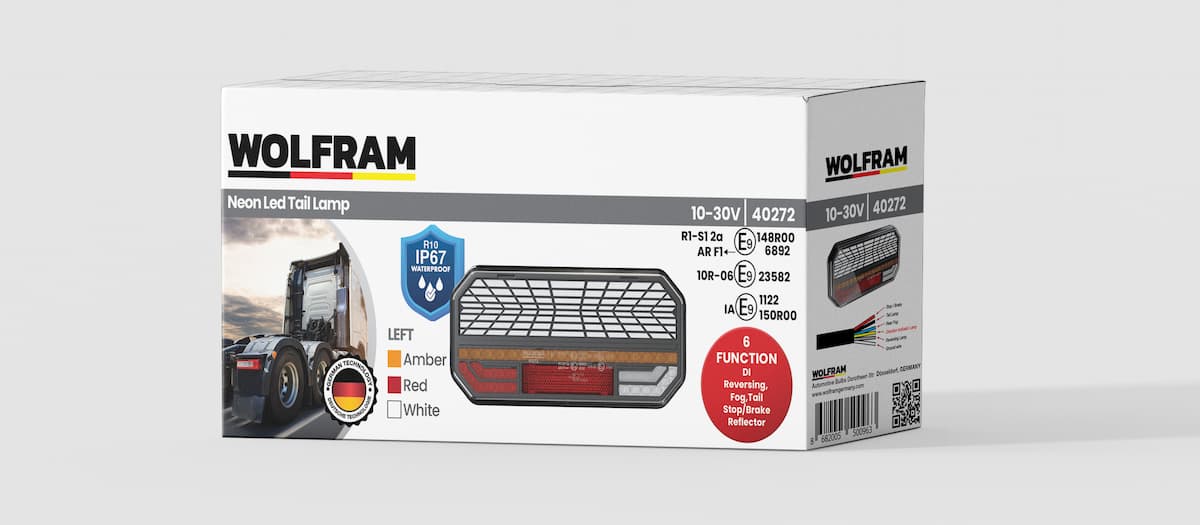 Wolfram Led 6 Fonksiyonlu Arka Stop Lambası Kırmızı-Amber-Beyaz 10-30V E9 Belgeli Sol