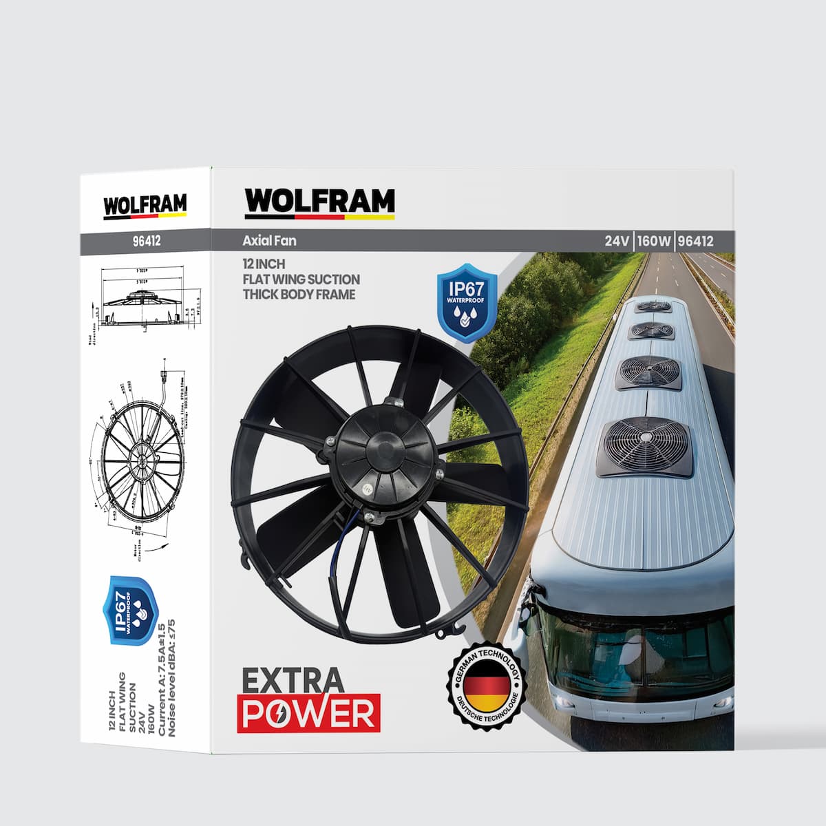 Wolfram Axial Fan 12 Inch 5 Düz Kanat IP67 Geniş Kasnak